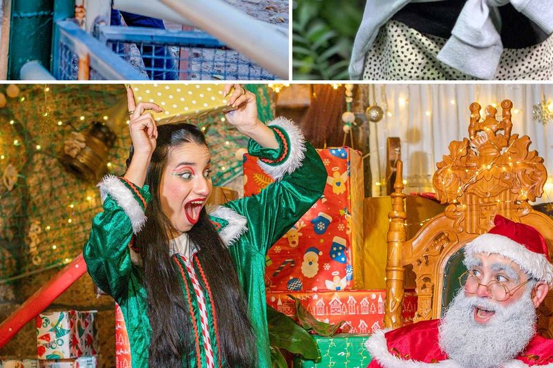 Una elfa sorprendida sostiene un regalo sobre la cabeza mientras Papá Noel ríe desde su sillón.
