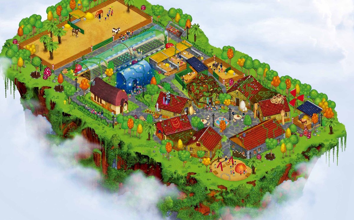Ilustración de la aldea de Papá Noel de La Granja de los Cuentos vista desde el aire, flotando entre nubes.